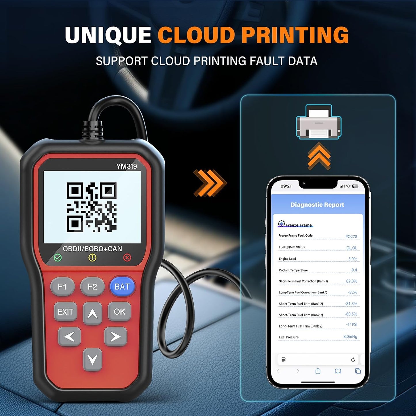 BluSon YM319 OBD2 Scanner Diagnostic Tool with Battery Tester, Check Engine Fault Code Reader with Live Data, Cloud Printing, DTC Lookup, Freeze Frame, Scan Tool for All OBDII Protocol Cars Since 1996