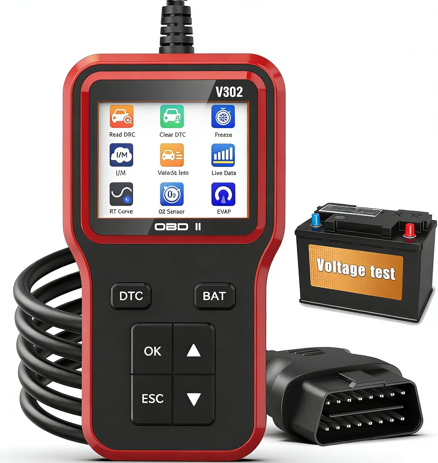 OBD2 Scanner with Battery Tester - Vehicle Code Reader for Check Engine Light, Plug and Play, Car Scanner Diagnostic Tool for All OBDII Vehicles After 1996