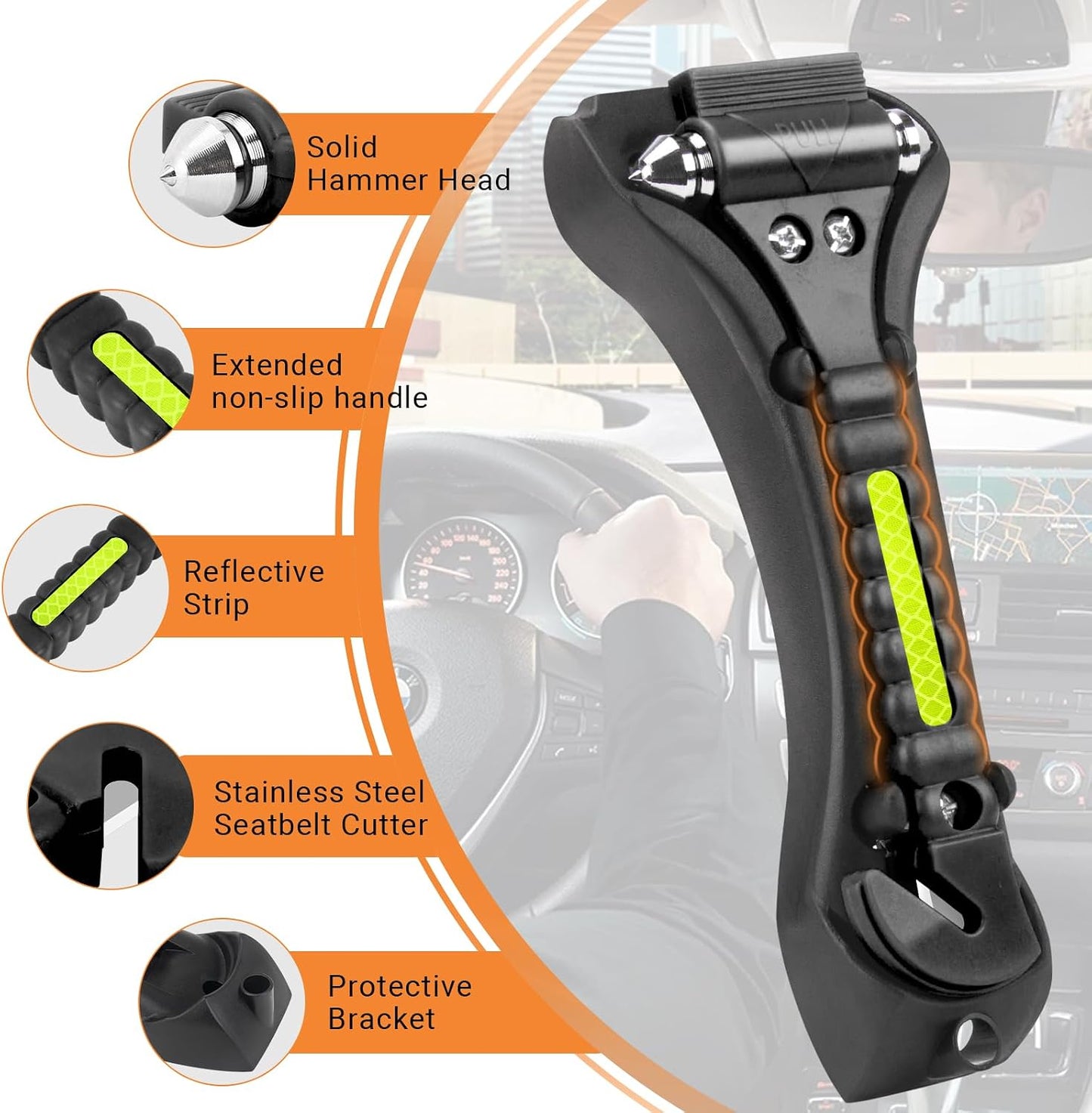 Car Safety Hammer, 2PCS Black 3-in-1 Emergency Escape Tool with Window Breaker and Seat Belt Cutter, Safety Emergency Car Escape Tool for Car, Office, Home