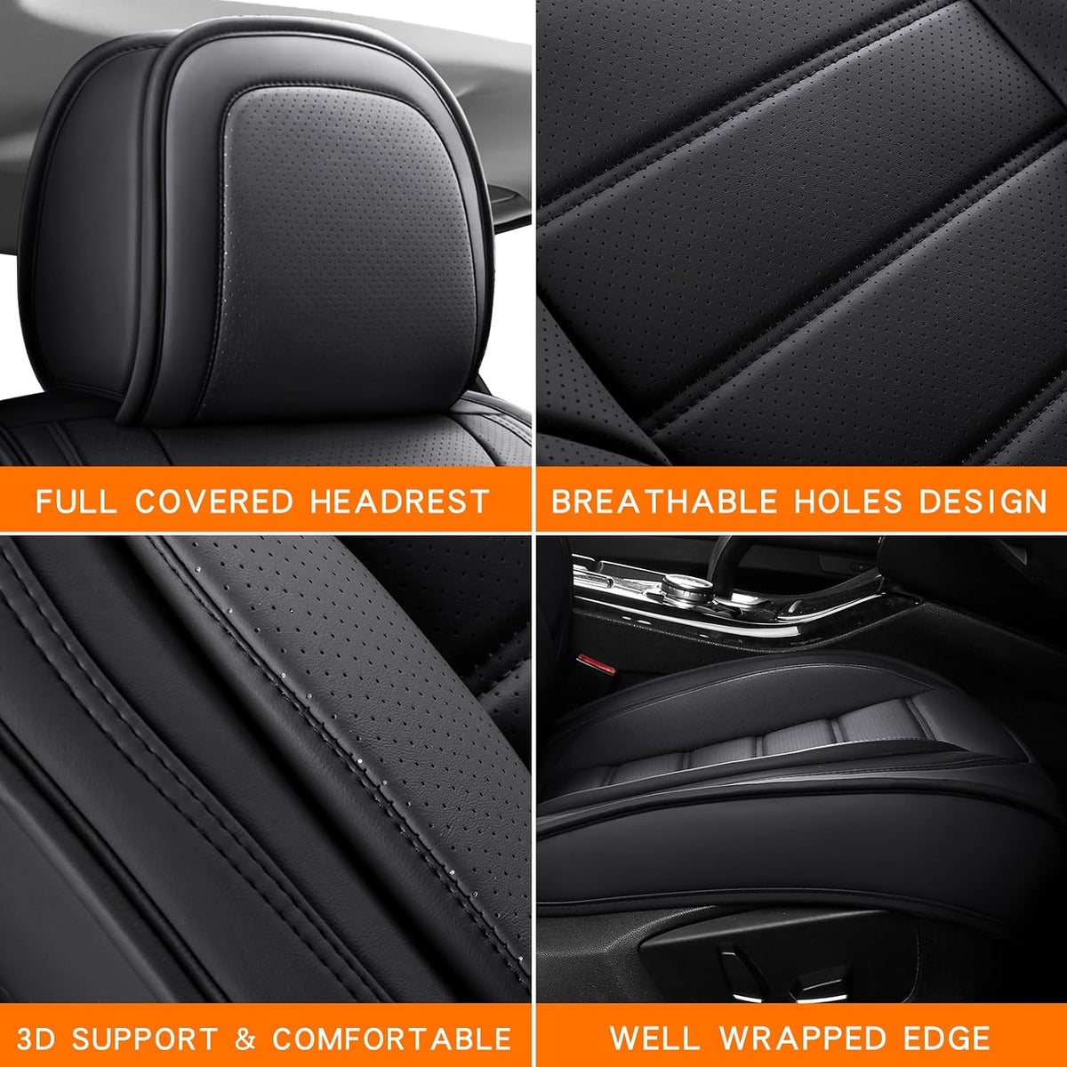 MINGBRON Car Seat Cover Full Set, Leather Car Seat Cover, Waterproof Seat Covers, Car Seat Cushion, Nappa Leather Seat Covers Car Seat Protector Universal Fit Most Cars Black