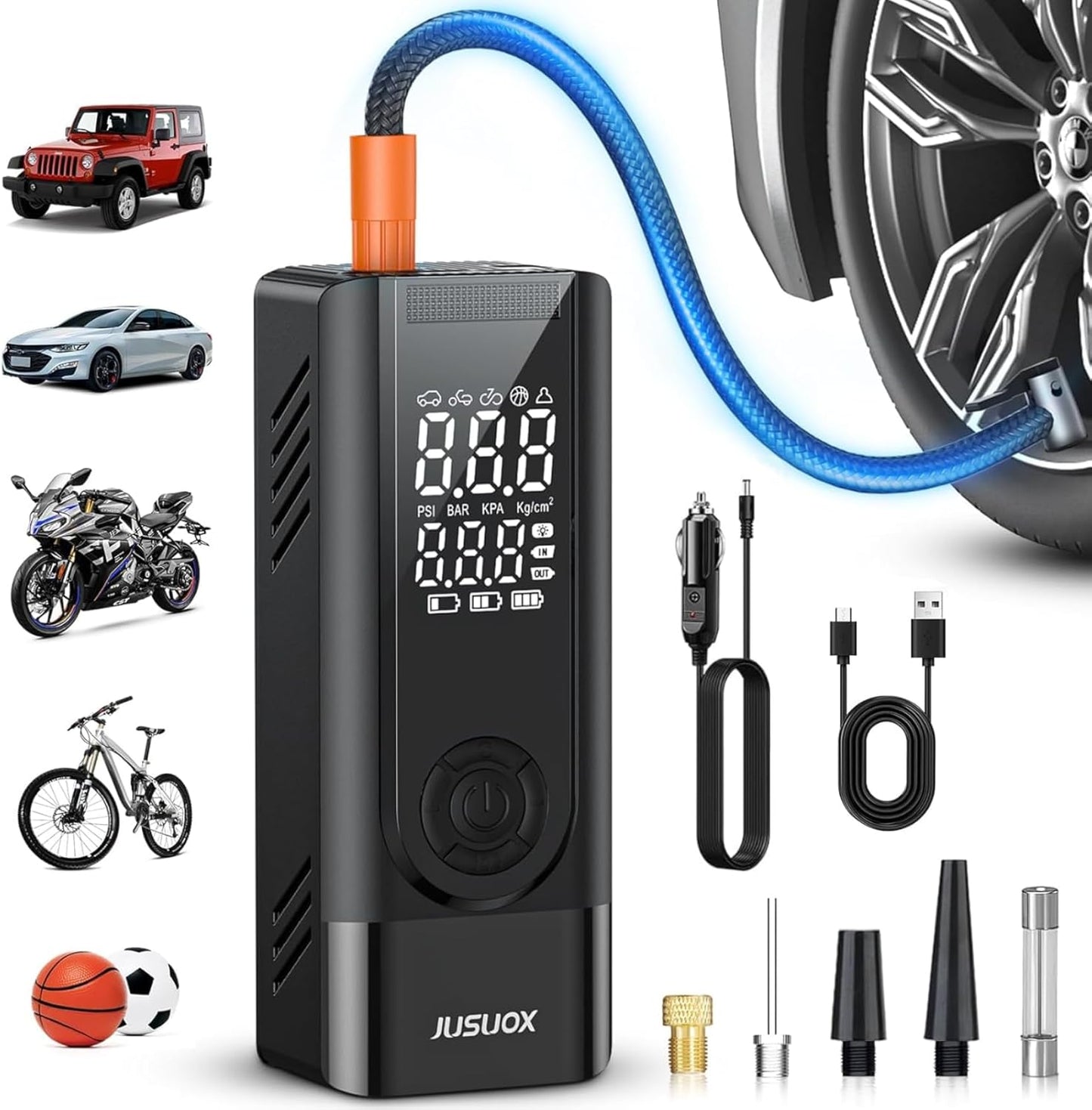 JUSUOX Tire Inflator Portable Air Compressor, Dual Power (Cordless & 12V DC) Air Pump for Car Tires, 150PSI Fast Air Pump for Moto, Bike, Large Capacity Battery, Digital Gauge with Emergency LED Light