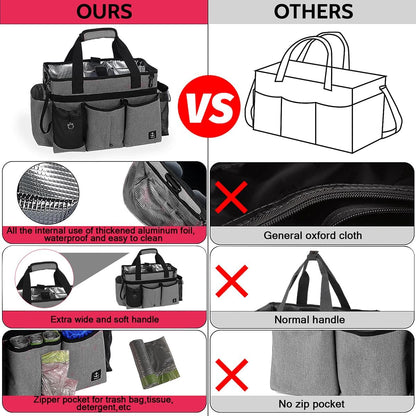 Large Cleaning Caddy Bag Built-in Sturdy Support Board, Cleaning Organizer with Detachable Divider, Cleaning Supply Tote with Adjustable Shoulder Strap&Waist Belt for Cleaners & Housekeeper