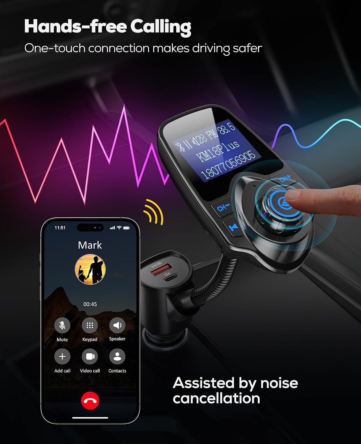 Nulaxy KM18 Plus Bluetooth 5.4 Car Adapter with 48W Fast Charging PD 30W & QC3.0 18W, 1.44" Screen Wireless Radio FM Transmitter with Flexible Gooseneck, Supports Hands-Free Call, TF Card & AUX, Black