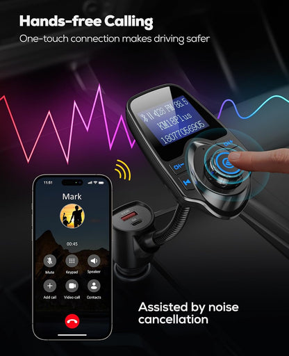 Nulaxy KM18 Plus Bluetooth 5.4 Car Adapter with 48W Fast Charging PD 30W & QC3.0 18W, 1.44" Screen Wireless Radio FM Transmitter with Flexible Gooseneck, Supports Hands-Free Call, TF Card & AUX, Black