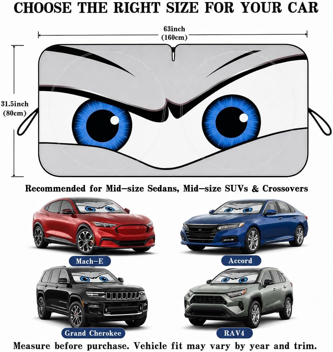 Car Windshield Sun Shade, Funny Cartoon Eyes Sun Visor for Car Windshield Universal Fits Sedan Compact Car Hatchback SUV, UV Heat Protection - 59 x 27.5