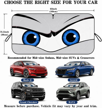 Car Windshield Sun Shade, Funny Cartoon Eyes Sun Visor for Car Windshield Universal Fits Sedan Compact Car Hatchback SUV, UV Heat Protection - 59 x 27.5