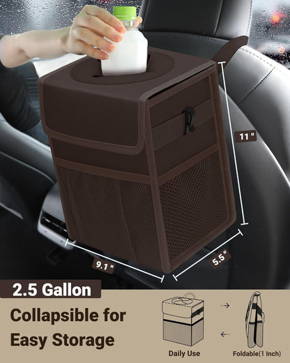 Capolo Car Trash Can with Lid, Leakproof Car Trash Bag Hanging Waterproof Automotive Garbage Can with Storage Pockets Mini Vehicle Trash Bin for Back/Front Seat(Black,2.5 Gallon)