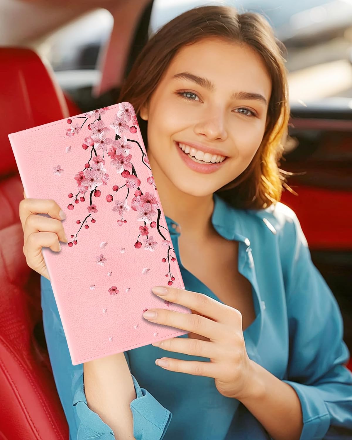 Slohif Car Registration and Insurance Card Holder with Magnetic Shut - Vehicle Glove Box Organizer Women Leather Automobile License Holders Coasters Auto Accessories Case for Document,Strawberry