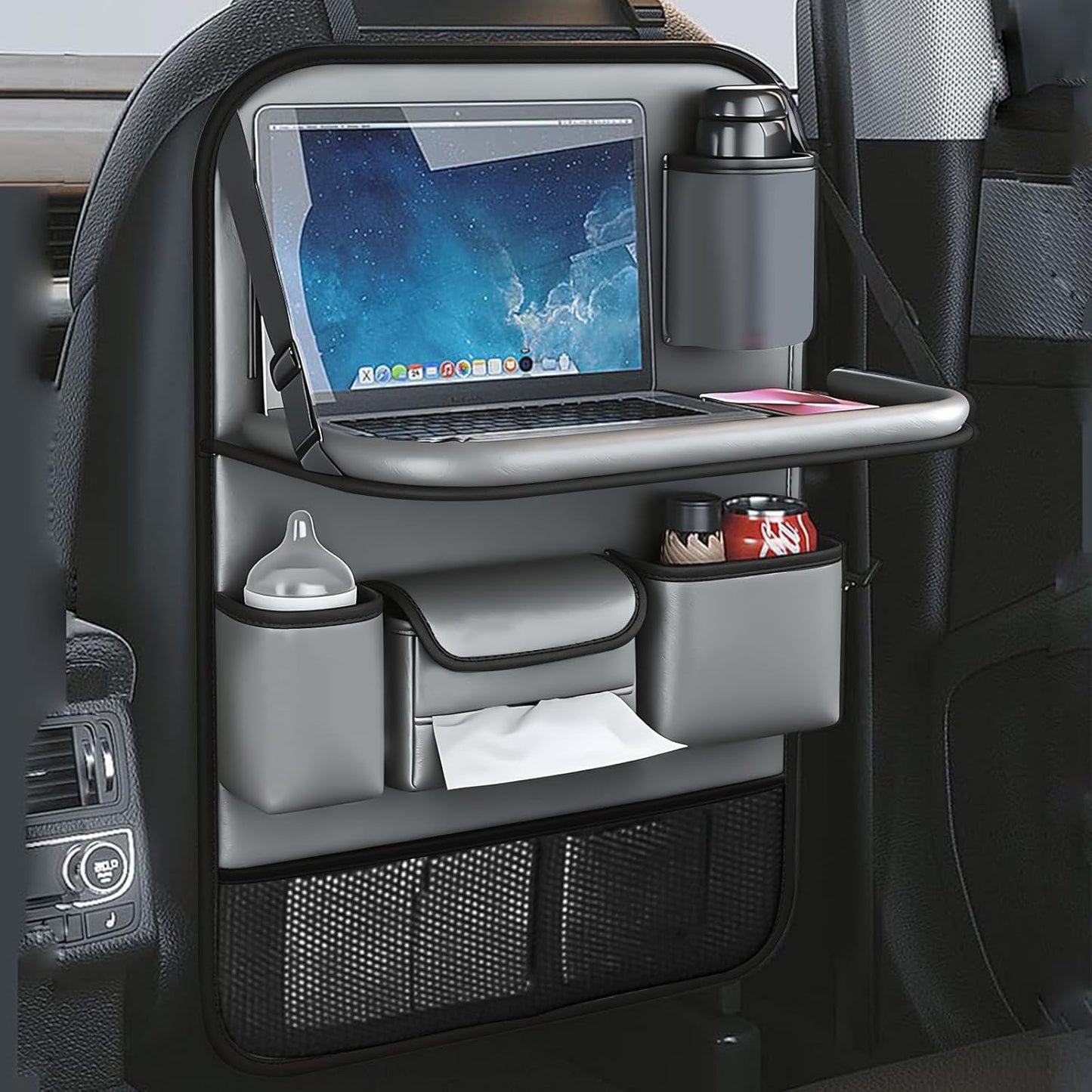 2 Pack Leather Car Backseat Organizer with Foldable Table Tray, Universal Car Seat Back Protector Kick Mat with Touchscreen Tablet Holder, Storage Pockets, Cup Holders & Tissue Holder, Black