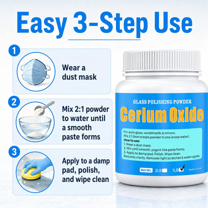 Cerium Oxide Glass Polishing Powder (1 lb) – 99% Pure White 1 Micron Glass Polish Compound for Windshield & Car Window Scratch Repair, Removes Wiper Marks & Water Spots