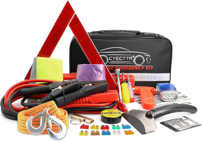 Car Roadside Emergency Kit,Auto Vehicle Truck Safety Emergency Road Side Assistance Kits with Jumper Cables,Safety Hammer,Reflective Warning Triangle,Tire Pressure Gauge,Tow Rope,etc