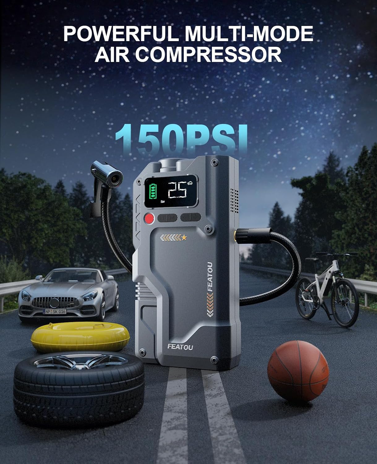 Featou Jump Starter with Air Compressor, 5 in 1 Functional Jump Box 5500A Peak Power Pack with 150PSI Digital Tire Inflator, Portable Car Charger Jumper for 9.0L Gas or 7.5L Diesel