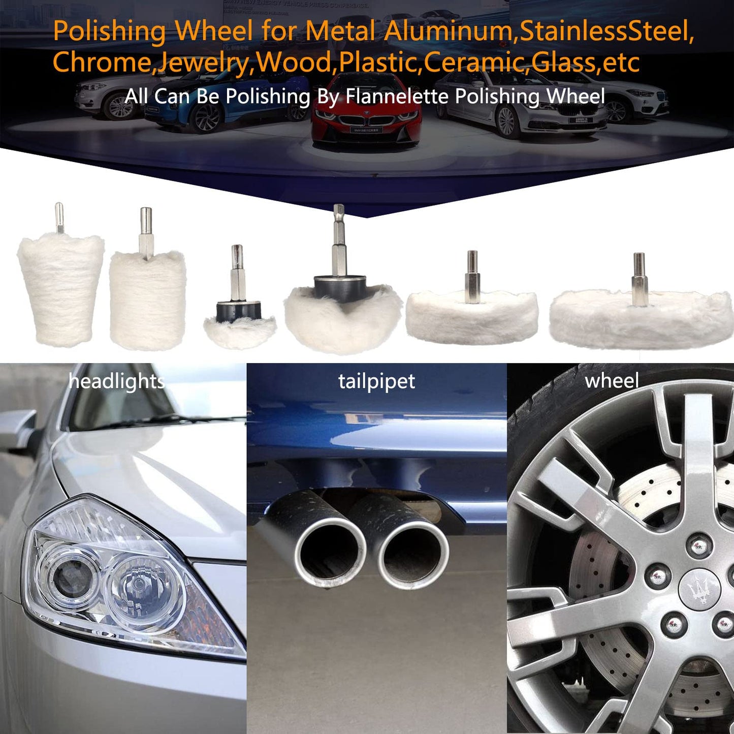 6 pcs Buffing Wheel for Drill,Buffing Pad Polishing Wheel Kits,Wheel Shaped Polishing Tool for Metal Aluminum,Stainless Steel,Chrome,Jewelry,Wood,Plastic,Ceramic,Glass,etc