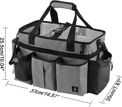 Large Cleaning Caddy Bag Built-in Sturdy Support Board, Cleaning Organizer with Detachable Divider, Cleaning Supply Tote with Adjustable Shoulder Strap&Waist Belt for Cleaners & Housekeeper