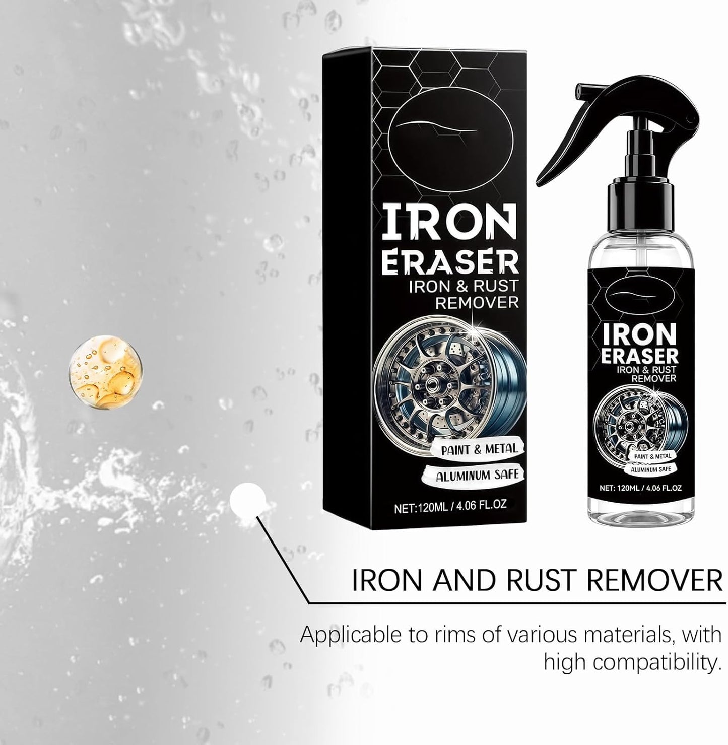 Iron Eraser Rust Remover Spray, Iron Eraser Iron and Rust Remover for Car Wheels and Paint, Fast Acting Rust and Brake Dust Remover, Professional Automotive Surface Cleaning (1PCS)