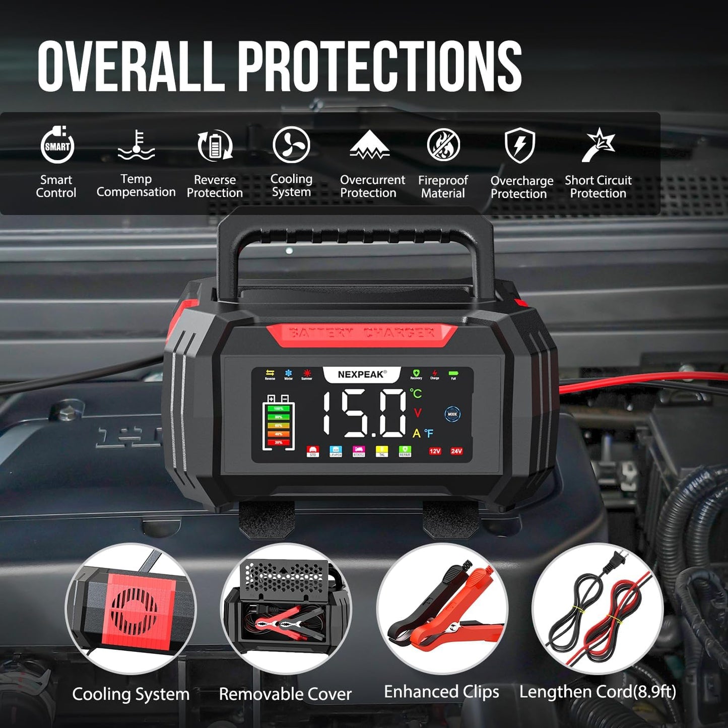 NEXPEAK 15A Battery Charger, Trickle Charger 12V/24V Car Battery Charger 9-Stage Smart LiFePO4 Charger Battery Maintainer w/Overcharge Protection Pulse Repair for Car Truck Motorcycle Lawn Mower