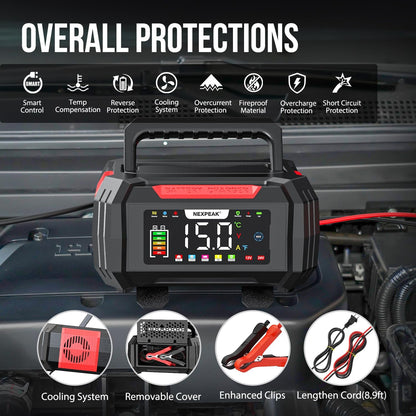 NEXPEAK 15A Battery Charger, Trickle Charger 12V/24V Car Battery Charger 9-Stage Smart LiFePO4 Charger Battery Maintainer w/Overcharge Protection Pulse Repair for Car Truck Motorcycle Lawn Mower
