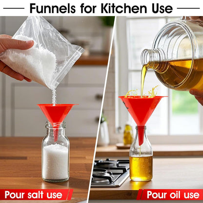 DEDC Oil Funnels, Gas Funnels, Plastic Funnel Set for Car, Automotive, Kitchen, Mini Small Large Red (4pcs Gas Plastic Funnel)