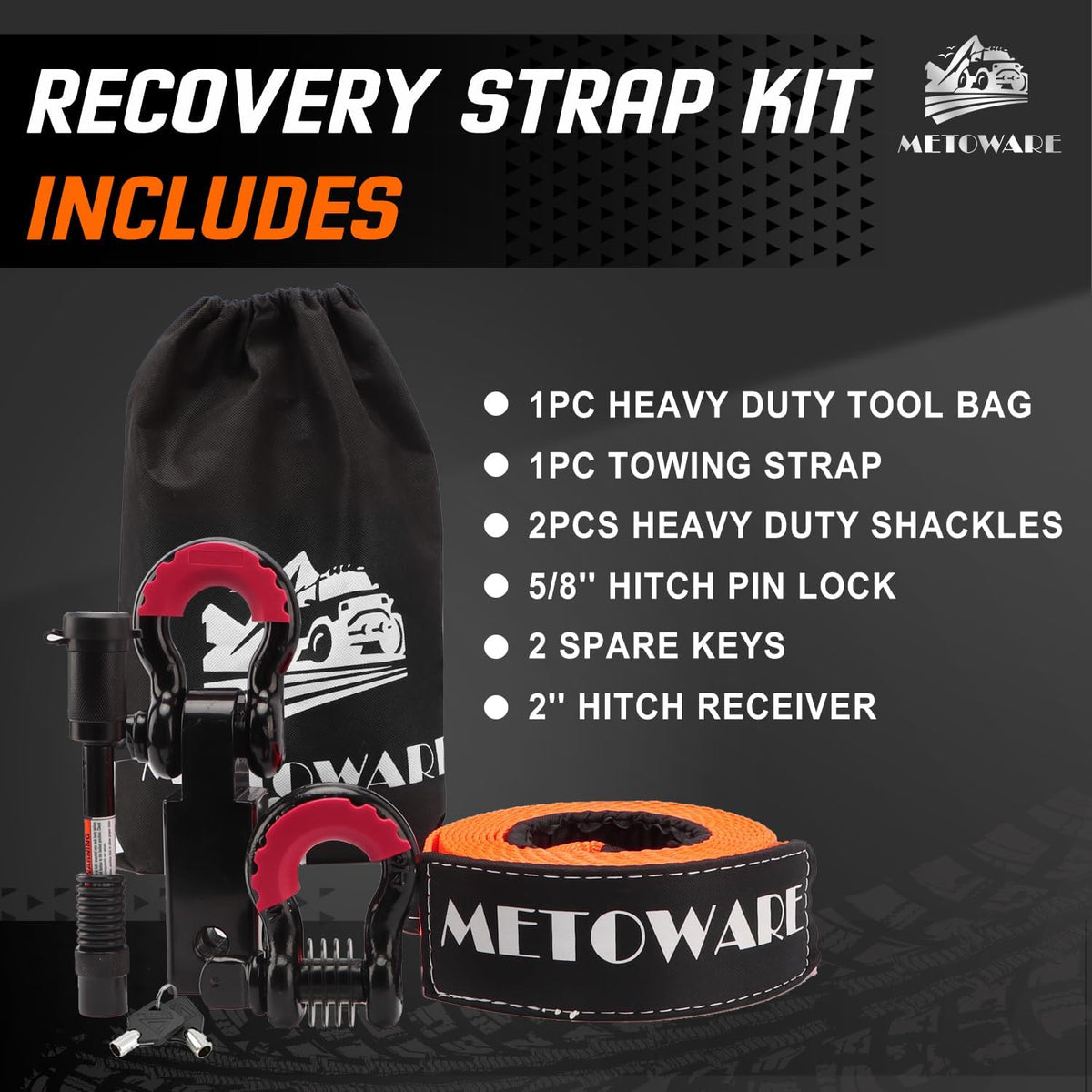 METOWARE Recovery Tow Strap Kit 3" x 20ft, Heavy Duty Recovery Strap 35,000lbs Break Strength with 3/4" D Ring Shackles(2pcs) & Storage Bag, Emergency Off Road Towing Rope for SUV, UTV, ATV, Truck