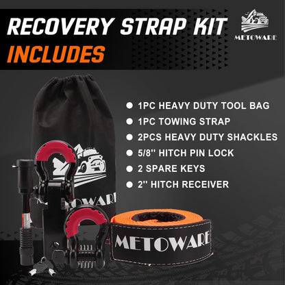 METOWARE Recovery Tow Strap Kit 3" x 20ft, Heavy Duty Recovery Strap 35,000lbs Break Strength with 3/4" D Ring Shackles(2pcs) & Storage Bag, Emergency Off Road Towing Rope for SUV, UTV, ATV, Truck