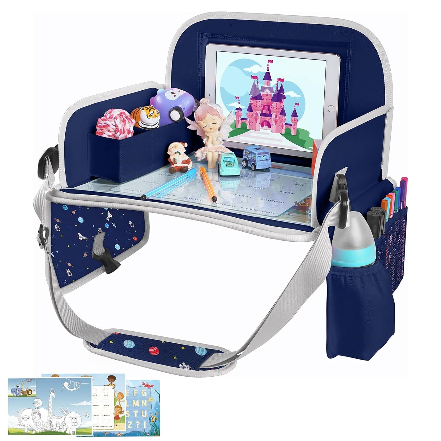 MENZOKE Kids Travel Tray for Toddler Car Seat, Road Trip Activities for Kids with iPad Holder Stand & Dry Erase Board, Road Trip Essentials Accessories Lap Tray as Travel Gifts for Kid, Pink
