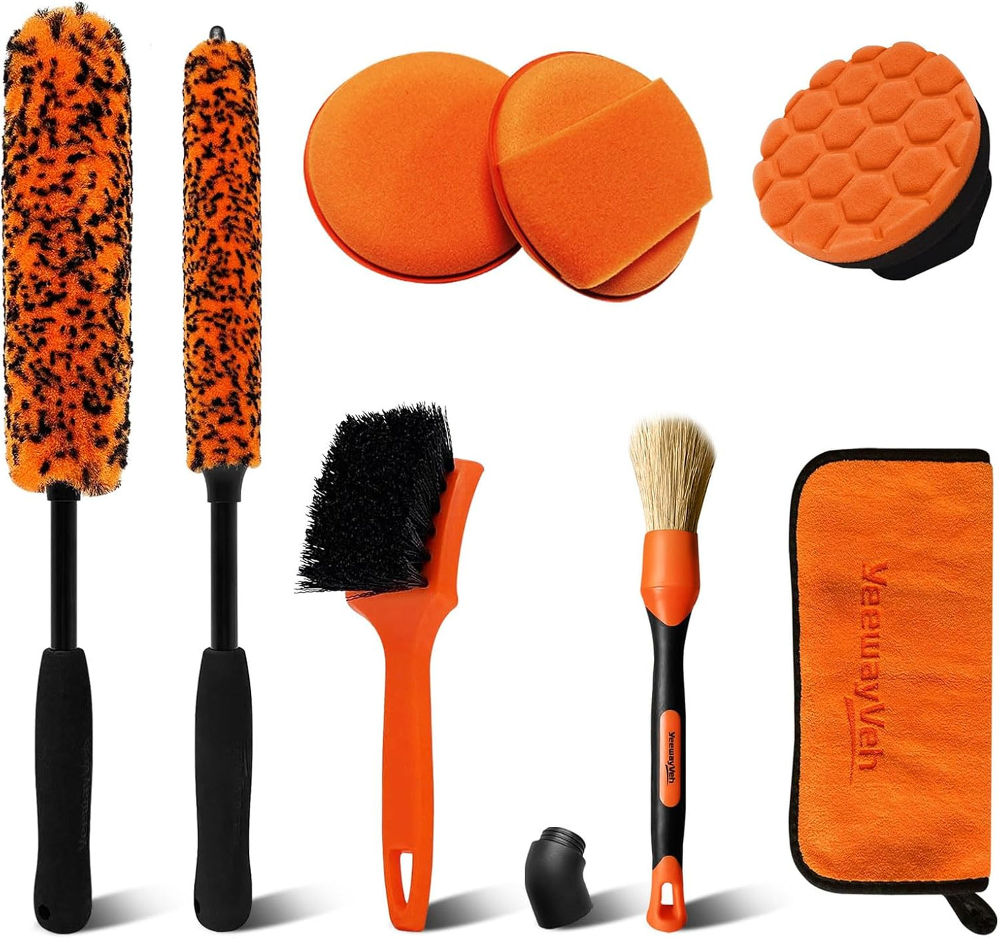 YeewayVeh 3PCS Quick Car Wheel Brush Kit, 2-Size 360° Bendale Rim Cleaner Brushes, Boars Hair Detailing Brush, Fast Scratch-Free Cleaning for Car Wheels, Motorcycle, Orange