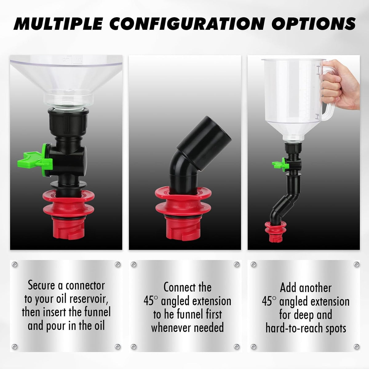 20-Piece Engine Oil Funnel Kit, 1.59QT/1.5L Oil Funnel Set with 12 Adapters, Siphon Hose Pump, Towel, Elbow Fitting, Arrow Screen and Magnetic Storage Hooks Tray, Compatible with GM/Ford/BMW/Audi Etc.