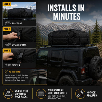 SR1 Performance USA Waterproof Rooftop Cargo Bag – Car Roof Carrier for Cars/SUVs with/Without Rack, Includes Non-Slip Mat, Heavy-Duty Straps, Lock for Secure Travel Storage (20 Cubic Feet, Jeep Logo)
