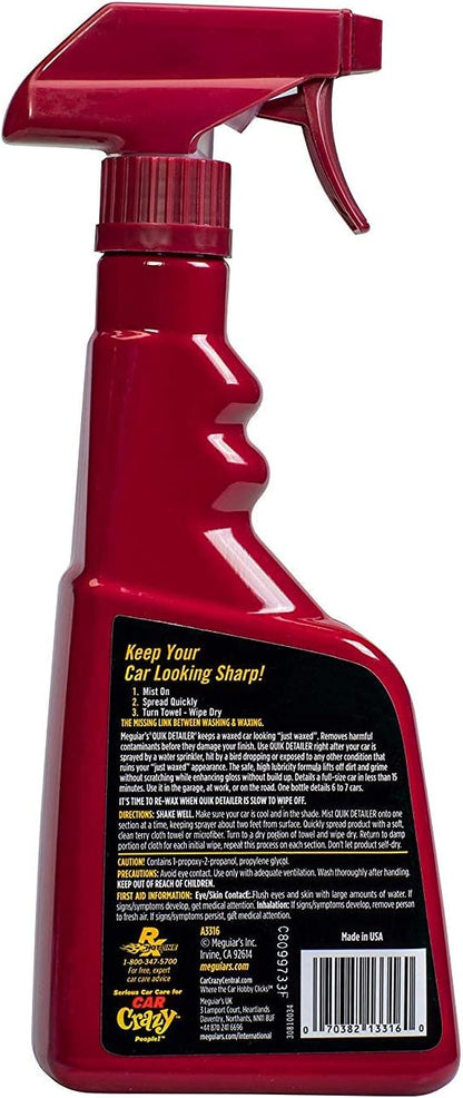 Meguiar's Quik Detailer Mist & Wipe - Easy to Use Car Spray Detailer Lifts Light Dust, Fingerprints, Smudges, and Fresh Contaminants - Perfect to Enhance Shine and Protection Between Washes, 16 Oz