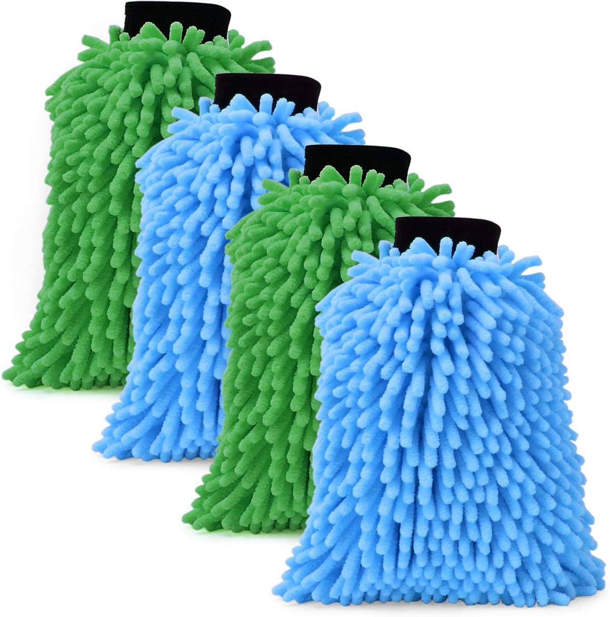 4Pcs Car Wash Mitt Microfiber Gloves Chenille Material Microfiber Towels for Car Washing Supplies Kit Scratch Free Cleaning Fluorescent Green + Royal Blue