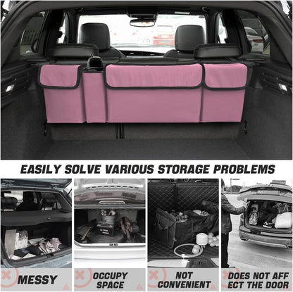 AUCELI Car Trunk Organizer, Backseat Hanging Large Storage with Adjustable Straps, Waterproof Collapsible Cargo Bag with 4 Pockets, Sturdy Space Saver Frees Trunk Floor for SUV, Truck, MPV