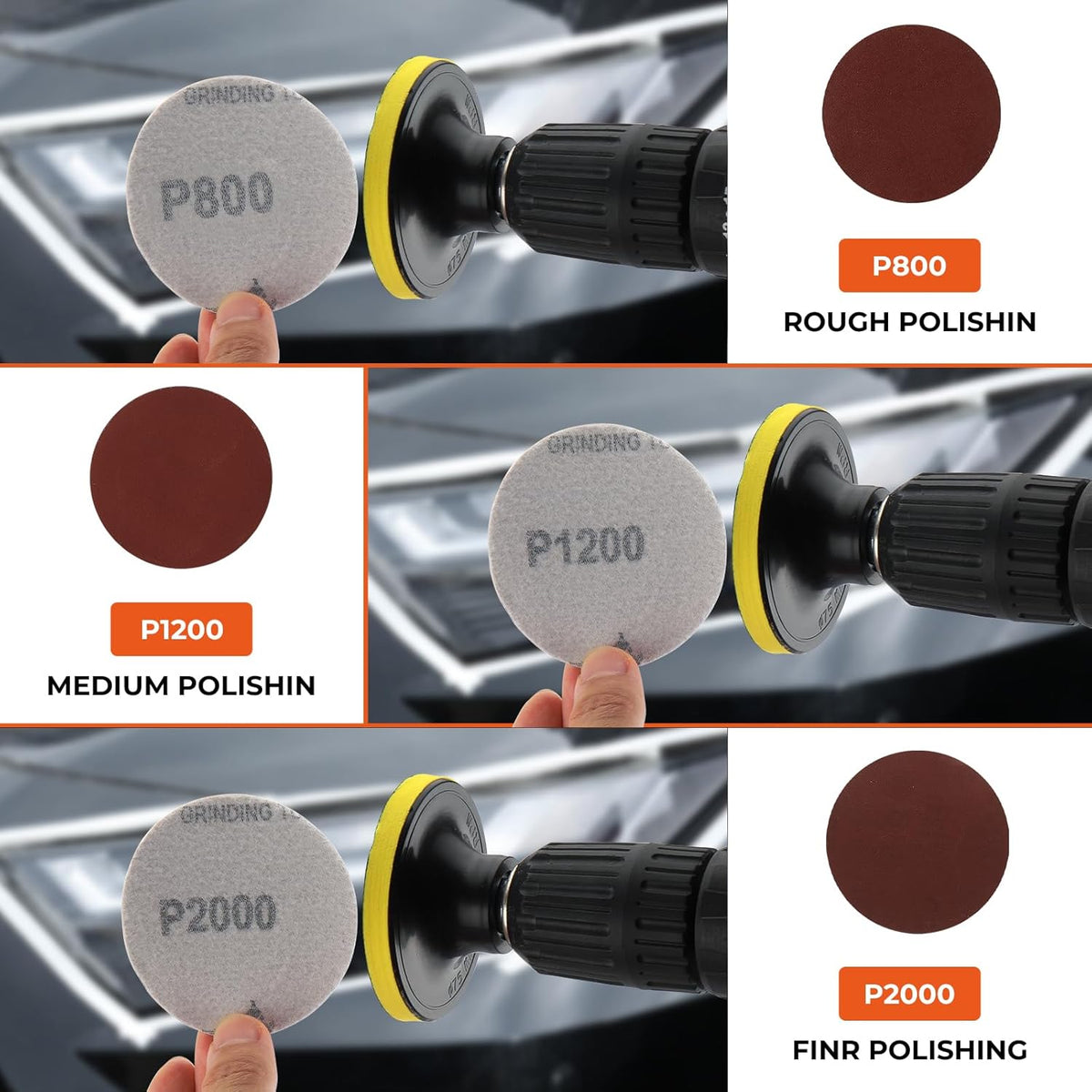 Headlight Restoration Kit, Polish Restore Cleaner Clean Tool DIY Polishing, Sanding Discs, Scouring Pads for Electric Drill, 3 Easy Steps to Restore Sun Damaged Car Headlights Lens