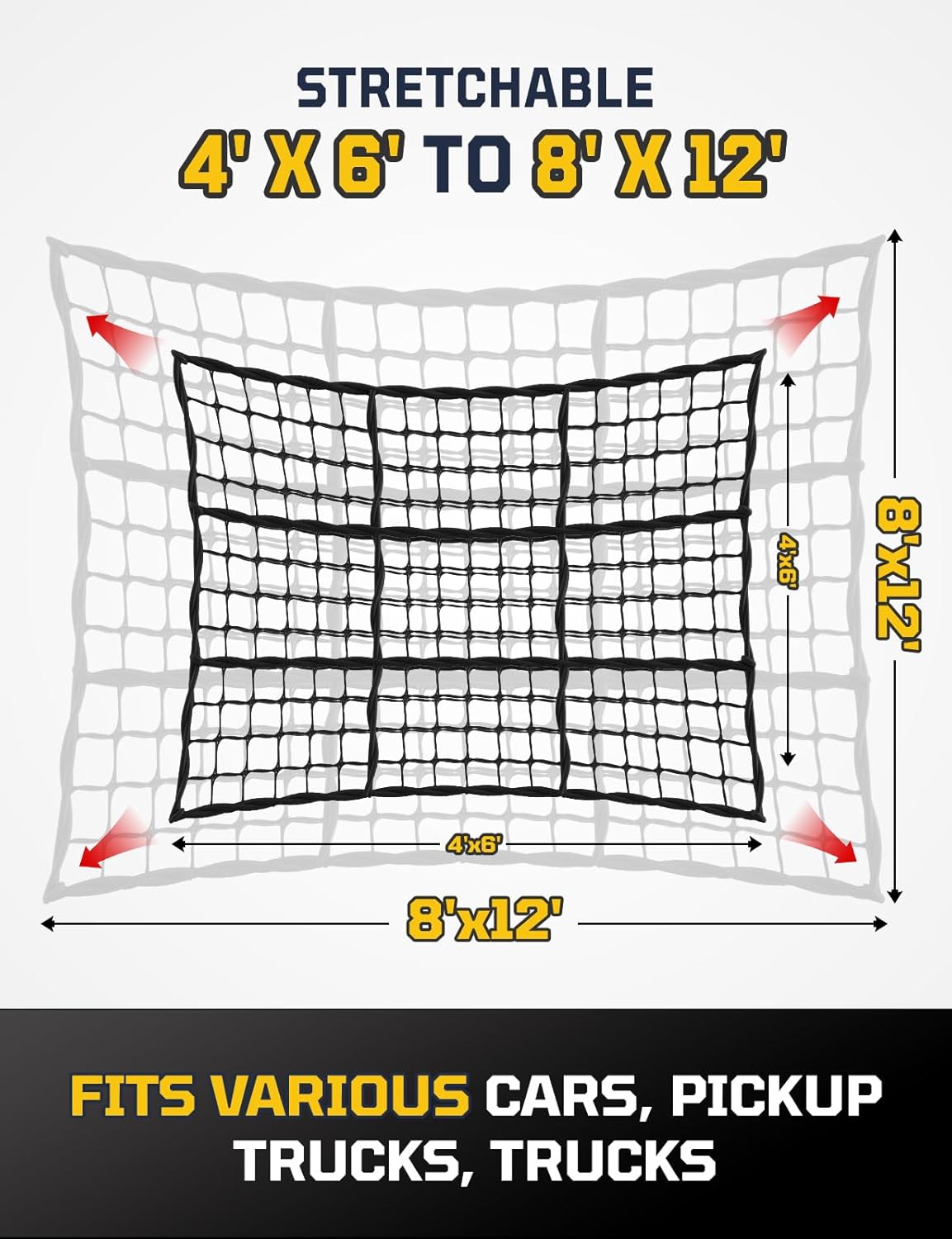 AUTOWN Cargo Net for Pickup Truck Bed - Stretchable 4' x 6' to 8' x 12' with 4" x 4" Mesh, Heavy Duty 10mm Cord Bungee Bed Netting with 12 Metal Carabiners - Ideal for ATV, SUV, UTV and Truck
