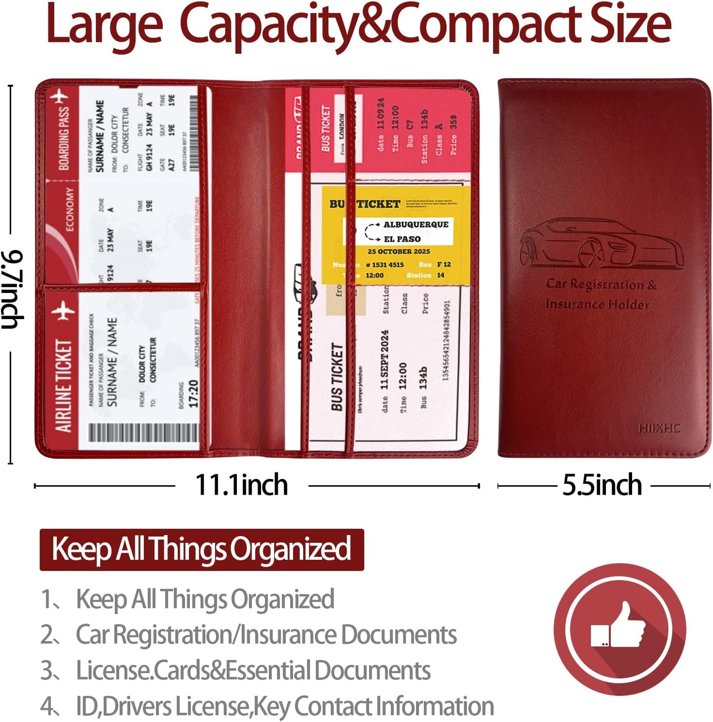 Car Registration and Insurance Card Holder - Leather Vehicle Glove Box Automobile Documents Paperwork Wallet Case Organizer for ID, Driver's License, Key, Cards - Car Accessories for Women&Men