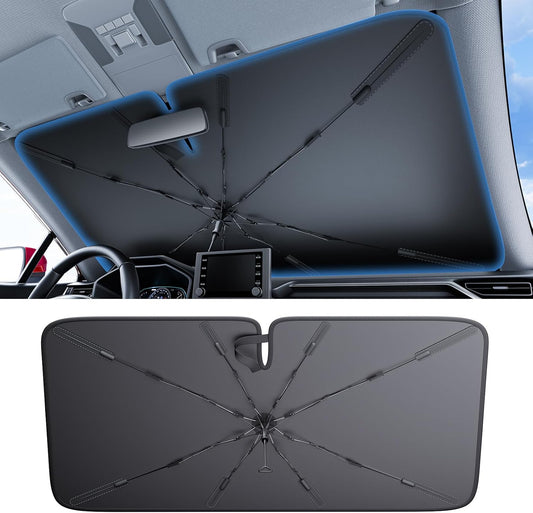 Wigoo Windshield Sun Shade Umbrella, 100% Sun Block, 5th-Gen Ice-Shield Cooling Tech, Reflective Heat Insulation, Portable & Foldable Front Window Sunshade Universal Fit Sedans/SUVs - M: 57"x32"