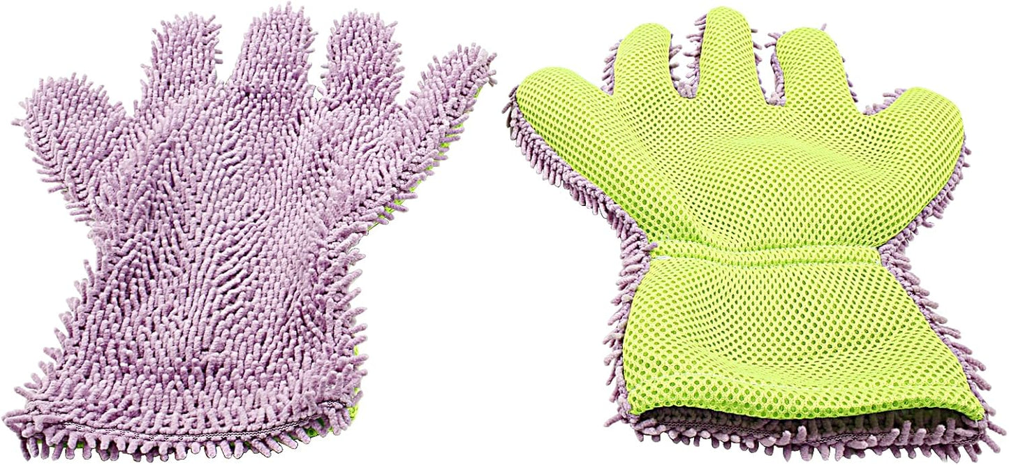 BokWin 2-Pack Car Wash Mitt Scratch Free, 5-Finger Microfiber Wash Mitts, Car Interior Exterior Cleaning Gloves, Auto Chenille Washing Sponge Kits for Cleaning Wheel Tight Spot