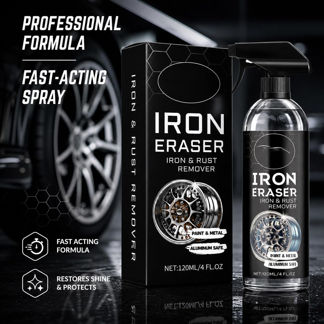 120ml Fast Rust and Iron Remover Spray, Removes Brake Dust and Rust, Safe on Paint, Metal and Aluminum, Wheel and Surface Cleaner, Easy Spray and Rinse