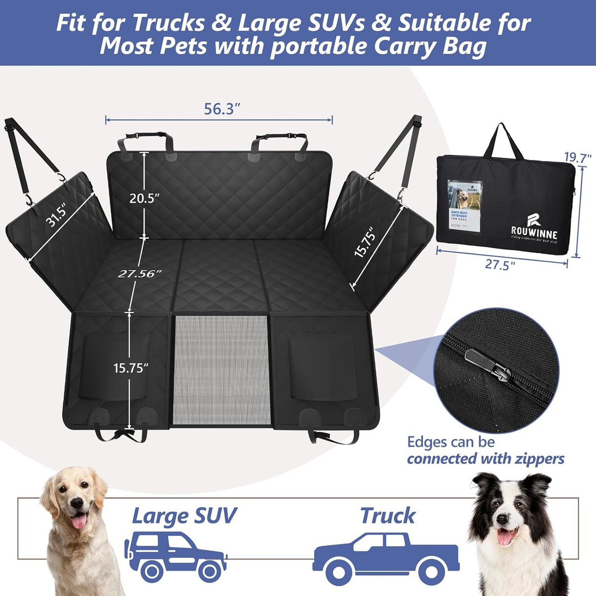 Back Seat Extender for Dogs-Large Space, Dog Car Seat Cover Hard Bottom Holds 420lbs, Sturdy Backseat Extender for Dogs,Upgraded Waterproof Pet Car Bed Dog Hammock for Car, SUV,Truck, Black