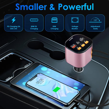 Retractable Car Charger,5 in 1 Fast Cars Phone Charger 90W,Bluetooth 5.3 FM Transmitter Adapter,Handsfree Call,2 Retractable Cables and USB Chargers for iPhone17/16 15/14/13