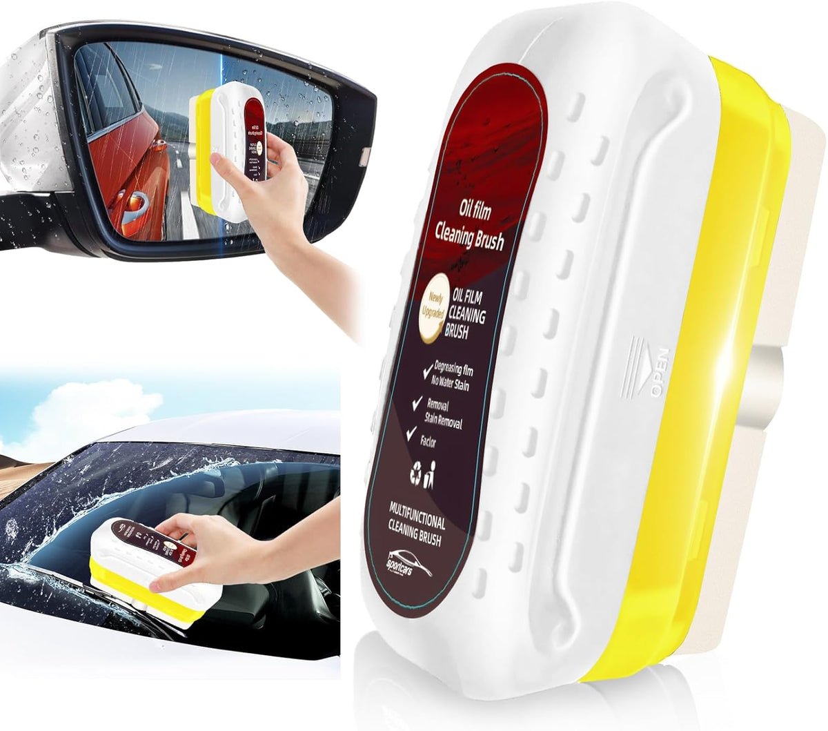 Automotive Oil Film Cleaning Brush with Reusable Foam Sprayer, Upgraded Antifog Glass Cleaning Board, Glass Oil Film Remover for Car Windows & Windshields, Versatile Car Glass Cleaner Brush (Red)