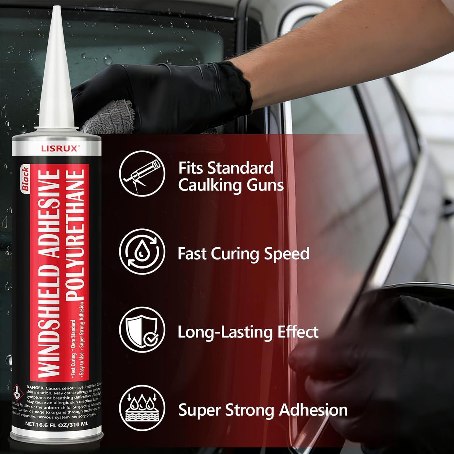 [2 Pack] Polyurethane Windshield Adhesive, Windshield Sealant Black - High Bond Strength, Quick Curing & Weather Resistant Automotive Glass Glue for Vertical & Overhead Application, 310ml