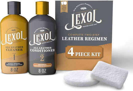 Lexol Leather Conditioner & Cleaner Kit - Premium 2-Step Leather Care for Car Interiors, Furniture, Shoes & Handbags, Includes 2 Sponges, Gift for leather lovers (16 oz Each)