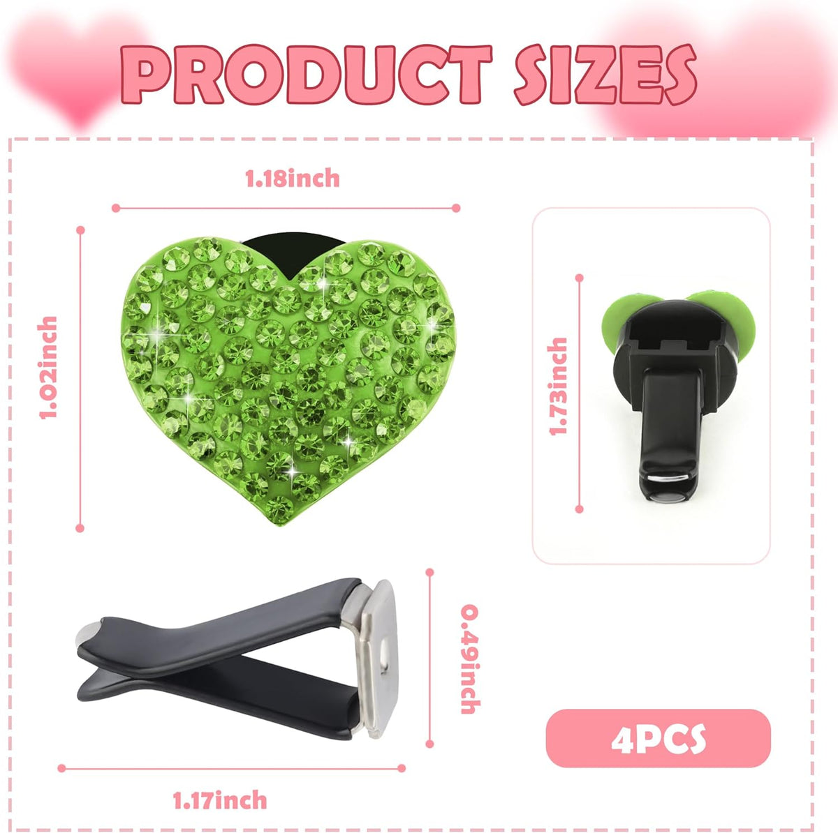 4PCS Heart-Shaped Car Vent Clips with Rhinestone,Bling Air Vent Clips Car Decorations,Premium Shiny Car Clips for Vents CCar Accessories Interior for Cars,Trucks,SUVs (Pink)