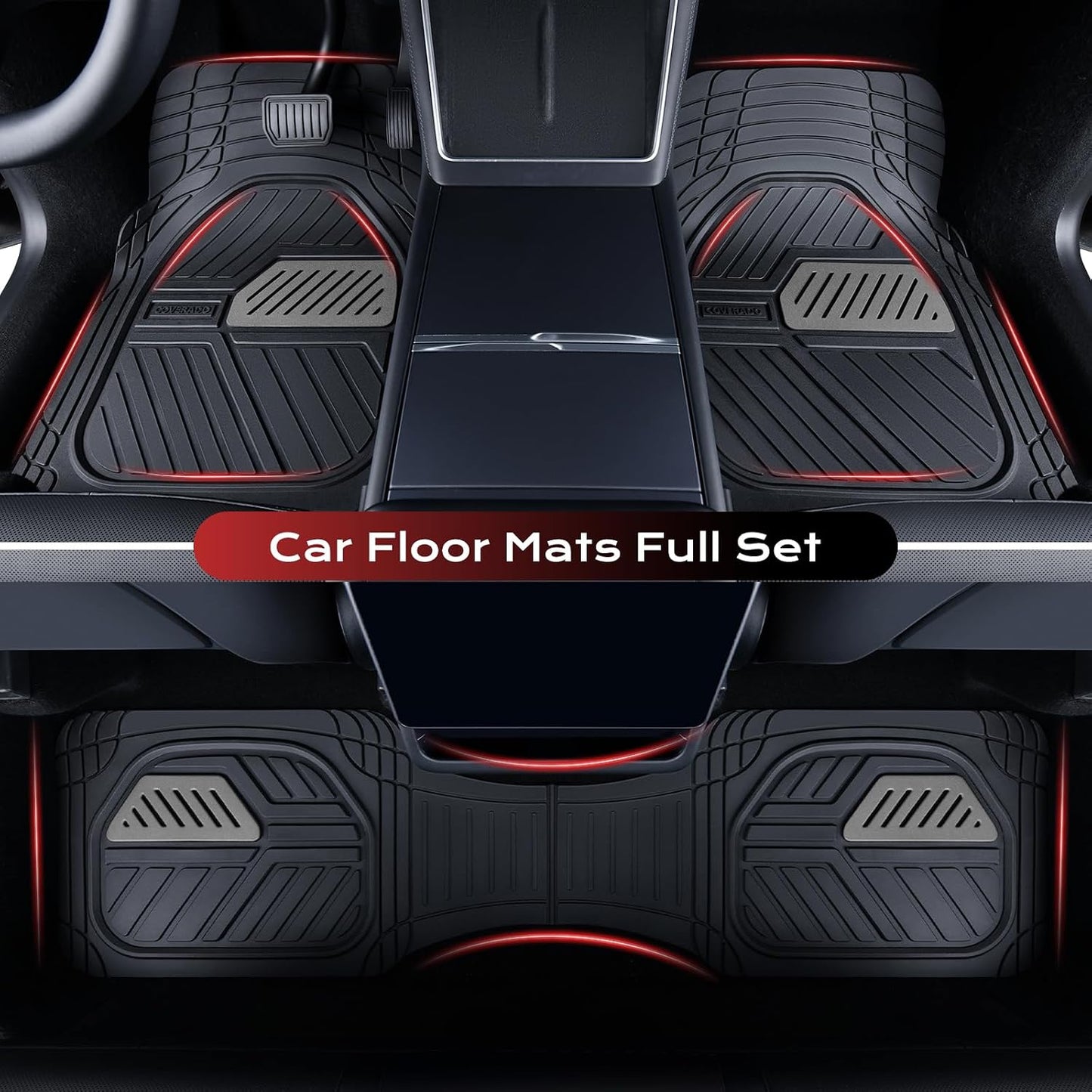 Coverado Car Floor Mats All Weather Waterproof Deep Dish Anti-Slip Car Mats Set, Heavy Duty Rubber Floor Mats for Cars, Universal Trim to Fit Automotive Floor Mats for Cars Trucks SUV, Black&Red