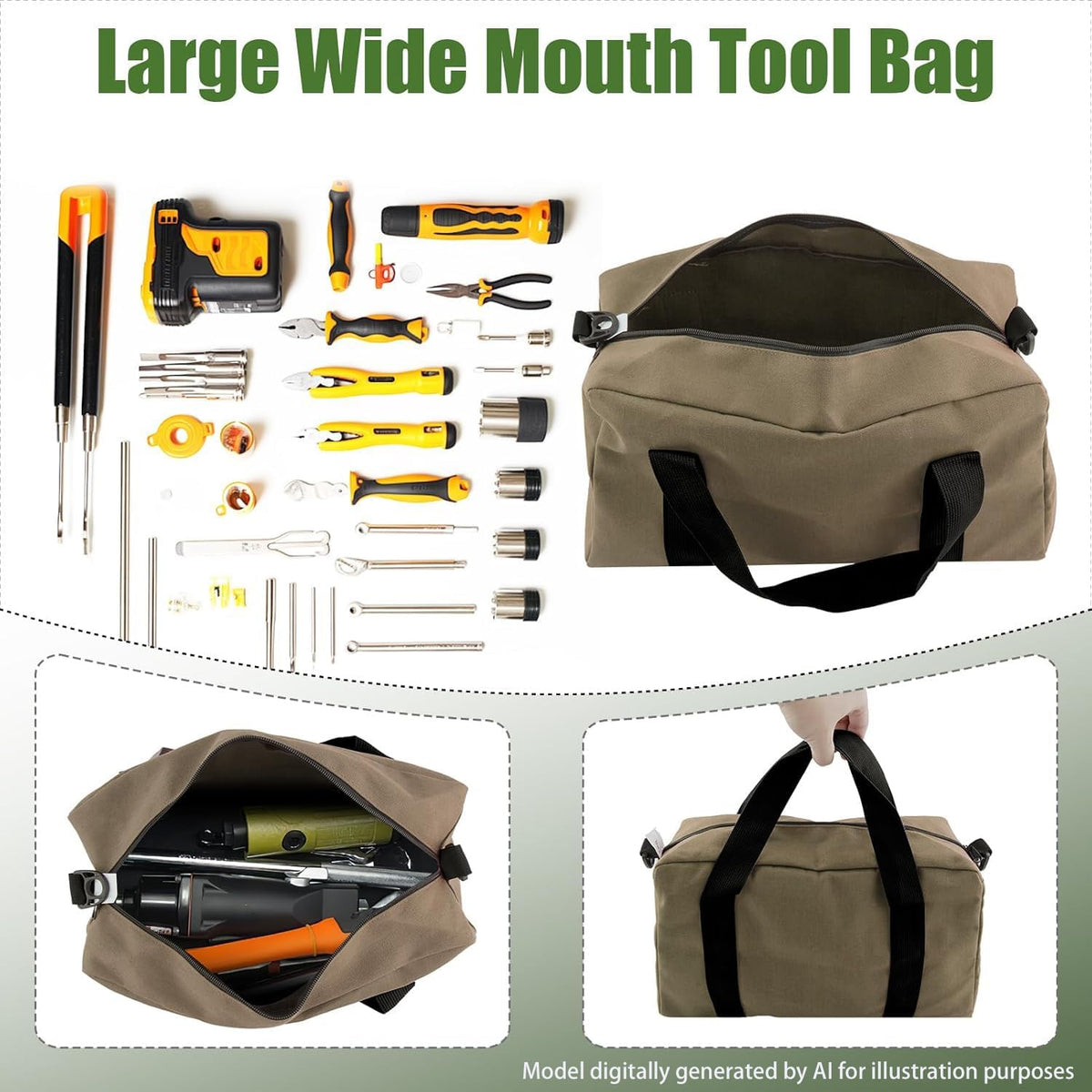 Small Tool Bag,Close Top Wide Mouth Tool Organizer Bag,Large Capacity Tool Bags for Men,Canvas Tool Storage Bag for Storage Handbag for Screwdrivers,Wrench,Pliers Hand Tools (black, 12 Inch)