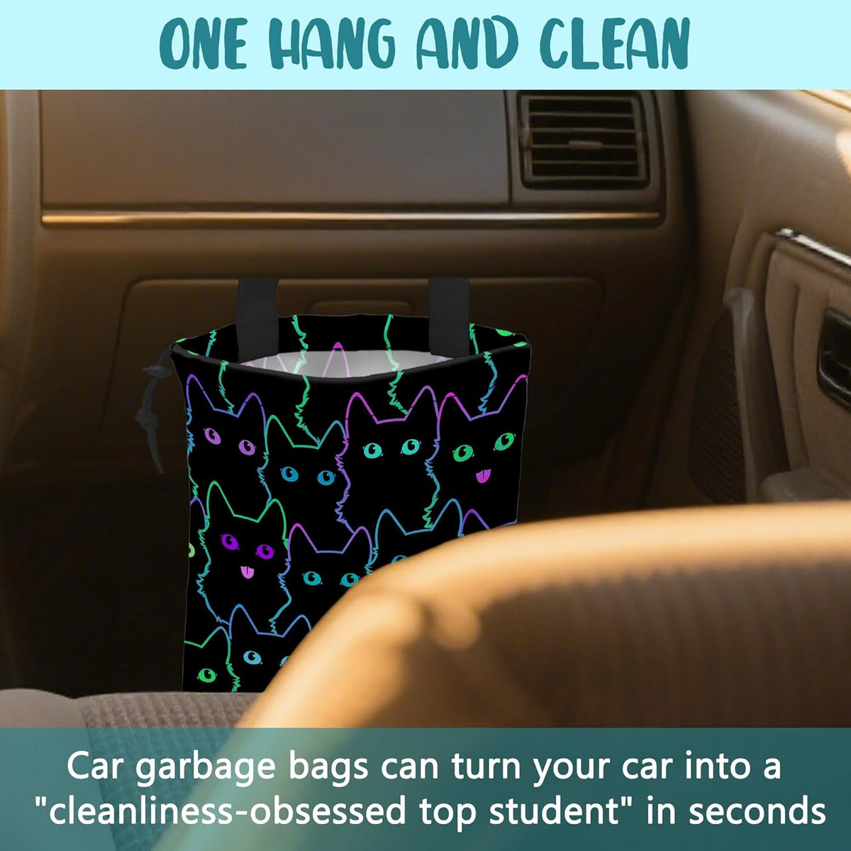 Car Garbage Bag Colorful Floral Spring Daisy Drawstring Car Trash Bag Hanging for Back Seat with Adjustable Buckle Canvas Vehicle Trash Can Easy-to-Install