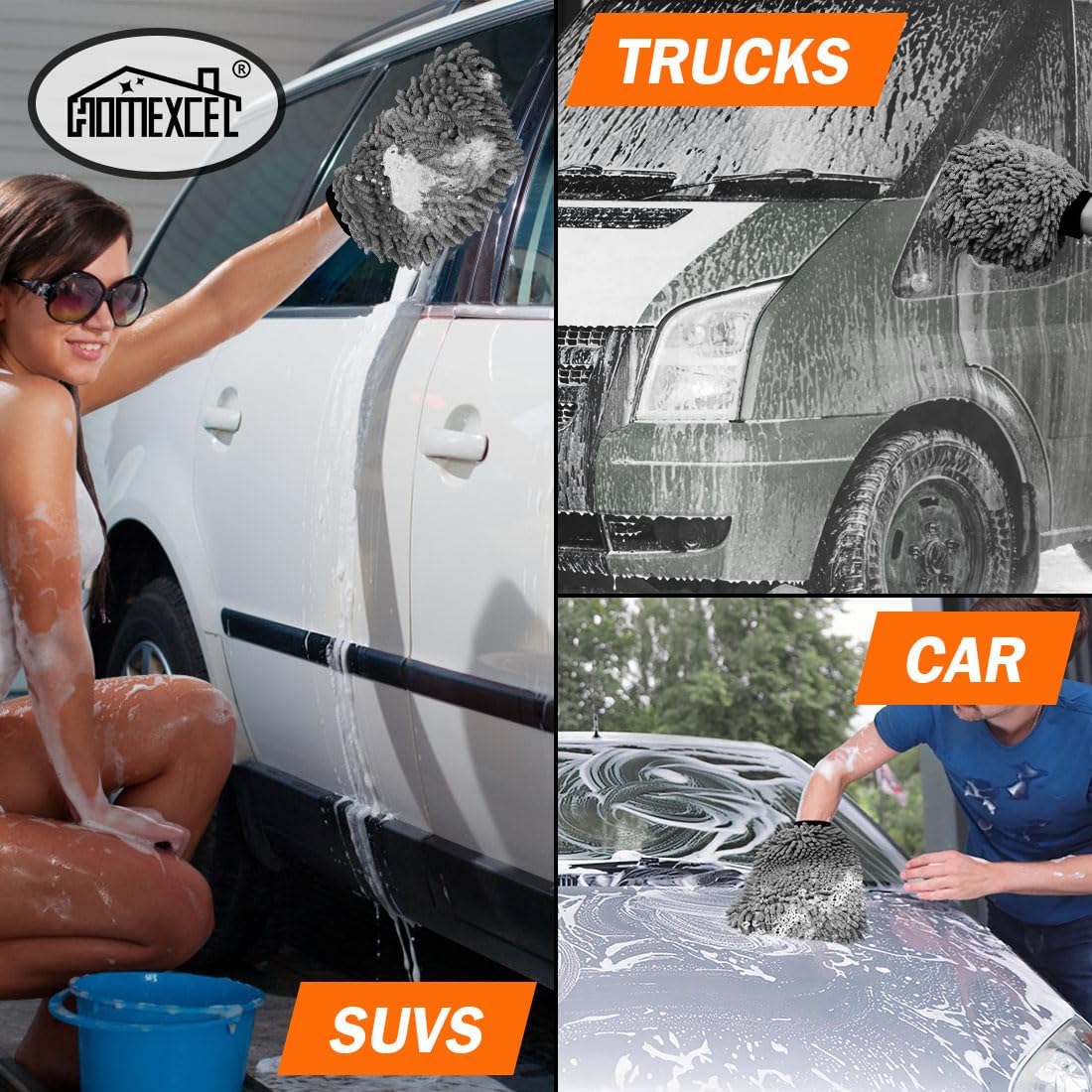 HOMEXCEL Car Wash Mitt, 2PK Chenille Microfiber Wash Mitt, Scratch-Free & Lint-Free, Rich Foam, Highly Absorbent, Double Sided, Perfect for Car Washing and Detailing, 10.2" x 6.7 ", Blue