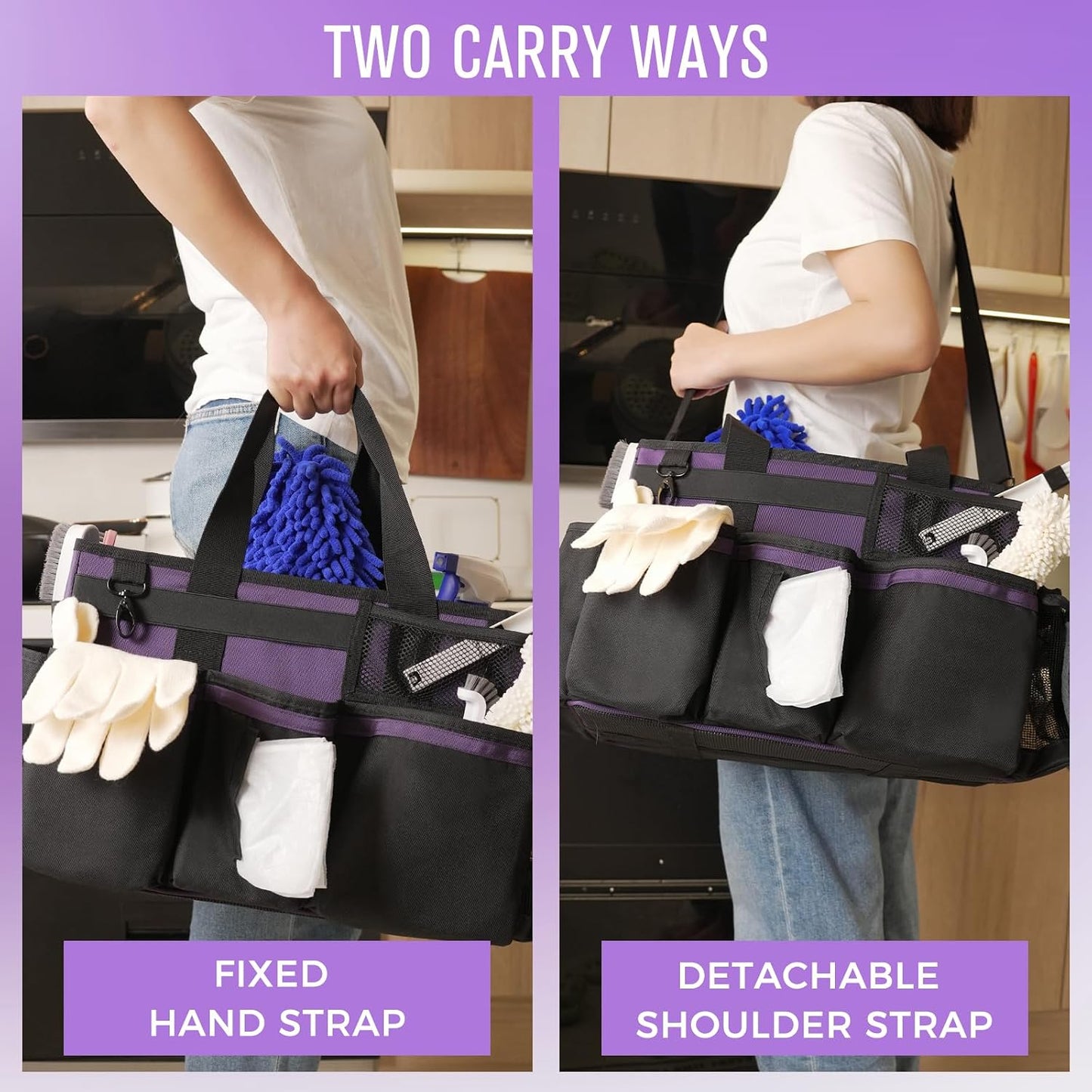 SCAVATA Wearable Cleaning Caddy Organizer with Handle & Shoulder Straps for Housekeepers, Under Sink & Car Cleaning Tool Organizer Bag with 4 Foldable Dividers (Green)