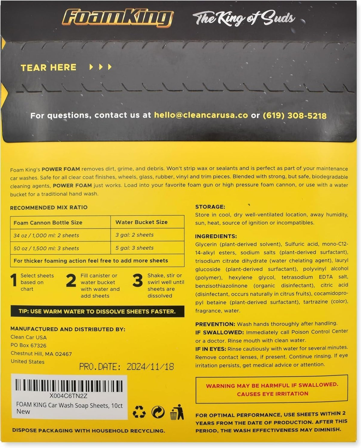 Foam King Car Wash Soap Strip (10ct = 5 Car Washes) - Concentrated Car Cleaning Soap Sheet, No Plastic Bottle - For Foam Cannons Guns, Bucket Wash. Safe for Cars, Trucks, Motorbikes - Citrus Scent