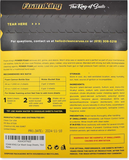 Foam King Car Wash Soap Strip (10ct = 5 Car Washes) - Concentrated Car Cleaning Soap Sheet, No Plastic Bottle - For Foam Cannons Guns, Bucket Wash. Safe for Cars, Trucks, Motorbikes - Citrus Scent